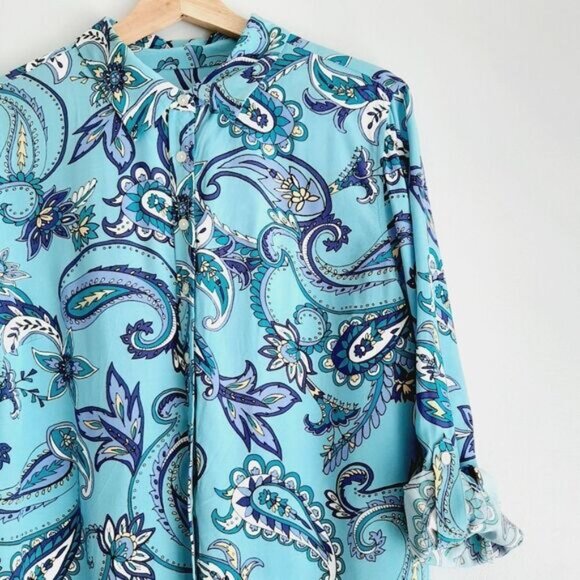 TALBOTS | Floral Paisley Utility Sleeve Buton Down Shirt Blue Sz L P - Picture 9 of 12
